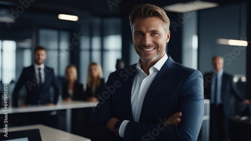 portrait of a handsome smiling businessman boss in a suit standing in his modern business company
