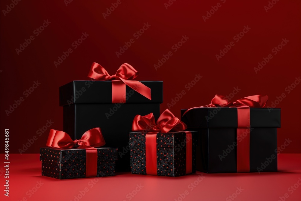 Black gift boxes with red bow, sales and black friday concept. Generative AI Black gift boxes with red bow, sales and black friday concept. Generative AI