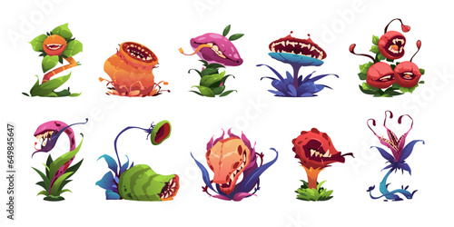 Monster plants. Cartoon scary carnivorous plants, evil alien green plants with teeth and fangs, funny animal mascot flora icons. Vector set