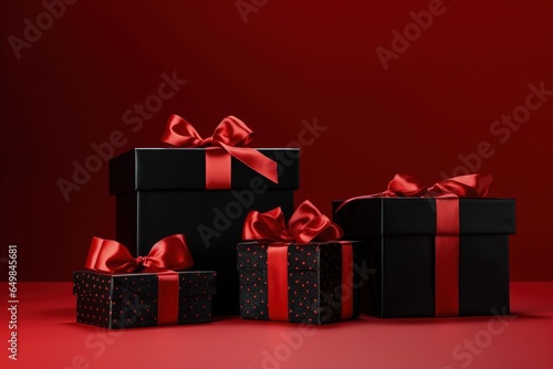 Black gift boxes with red bow, sales and black friday concept. Generative AI © Deivison