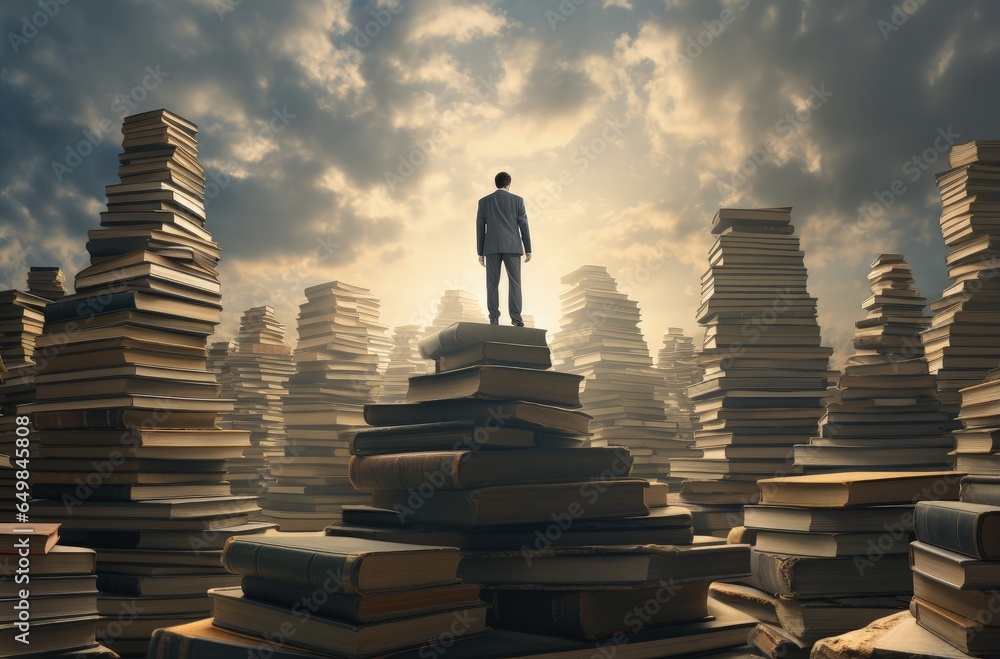 Businessmen and many books, management and knowledge concept. Generative AI Businessmen and many books, management and knowledge concept. Generative AI