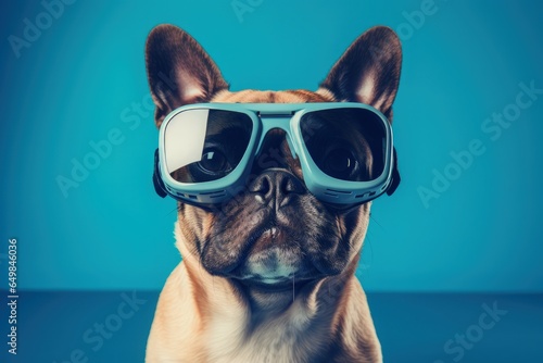 Dog with virtual reality glasses, blue background. Generative AI © Deivison
