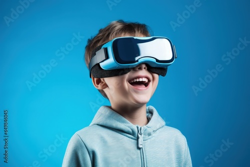 Boy with virtual reality glasses, technology and entertainment concept. Generative AI © Deivison