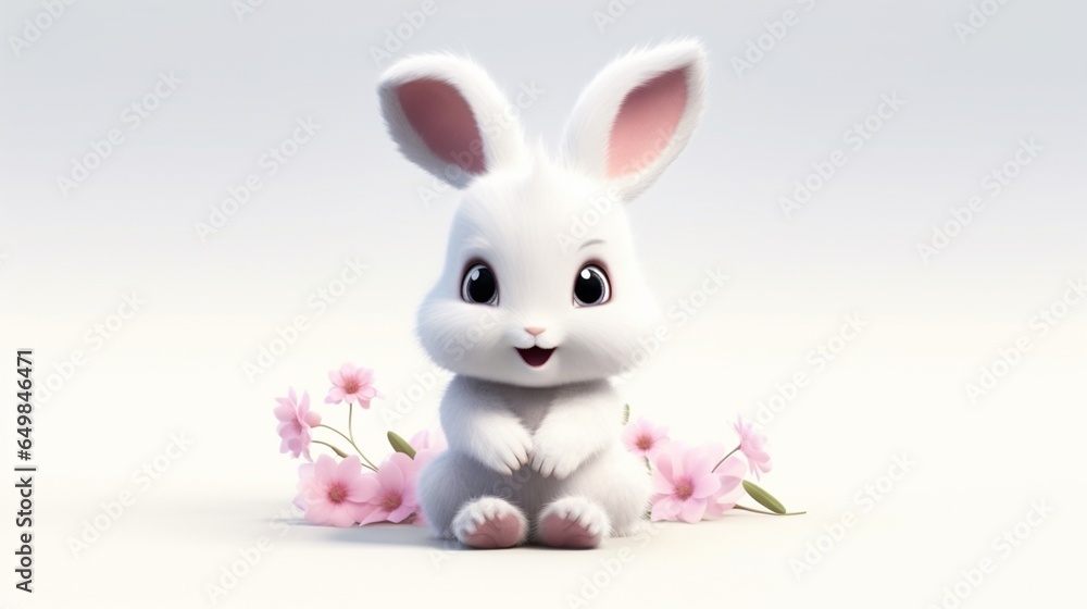 Fototapeta premium baby bunny cute cartoon style sakura white background Generative Ai