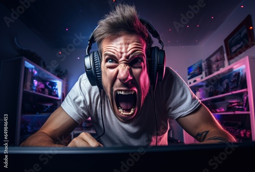 Young man with headset in gamer room with euphoric expression. Generative AI