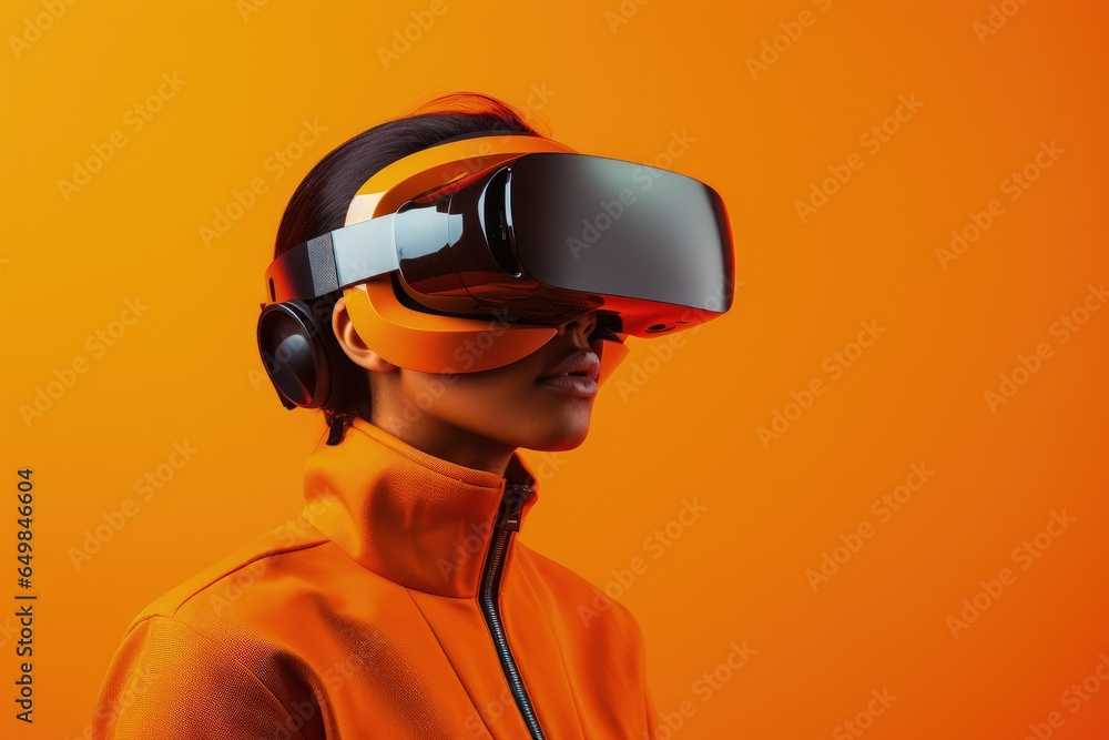 Young girl with virtual reality glasses, technology and entertainment concept. Generative AI Young girl with virtual reality glasses, technology and entertainment concept. Generative AI