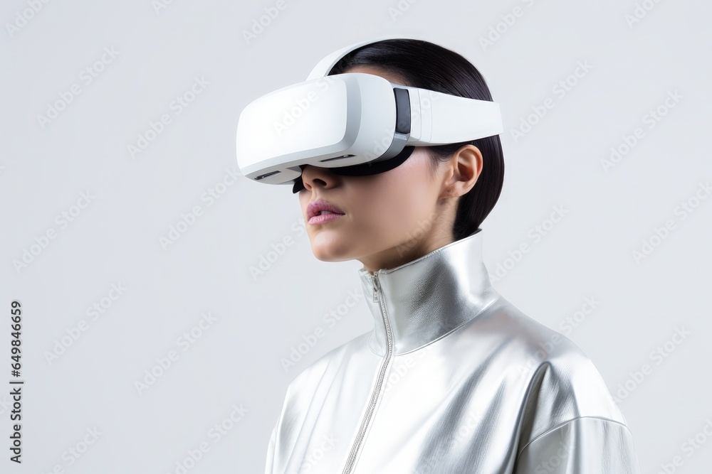 Young girl with virtual reality glasses, technology and entertainment concept. Generative AI Young girl with virtual reality glasses, technology and entertainment concept. Generative AI