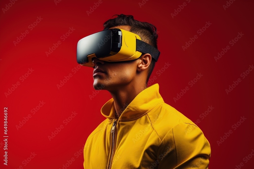 Fototapeta premium Young man with virtual reality glasses, technology and entertainment concept. Generative AI