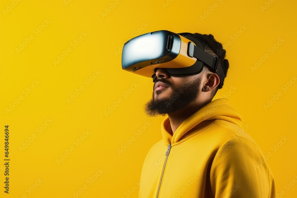 Young man with virtual reality glasses, technology and entertainment concept. Generative AI Young man with virtual reality glasses, technology and entertainment concept. Generative AI
