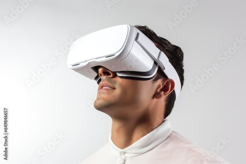 Young man with virtual reality glasses, technology and entertainment concept. Generative AI