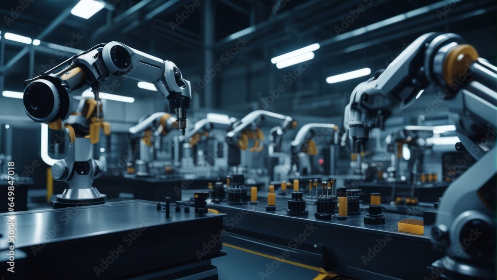 Smart industry robot arms for digital factory production technology showing automation manufacturing Smart industry robot arms for digital factory production technology showing automation manufacturing