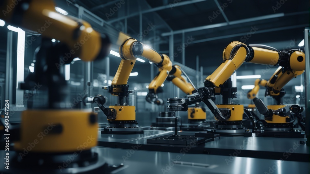 Smart industry robot arms for digital factory production technology showing automation manufacturing Smart industry robot arms for digital factory production technology showing automation manufacturing