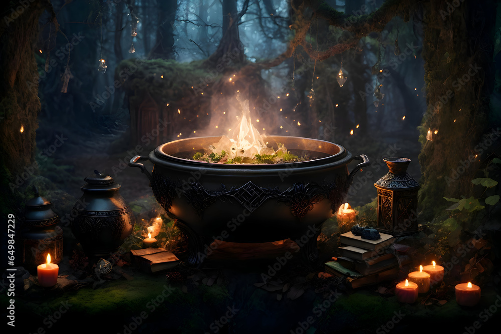Enchanting Witch's Lair in Mystical Forest: Fantasy Artwork with Cauldron, Spells, and Magical Creatures - Eerie & Ethereal Moonlit Scene Enchanting Witch's Lair in Mystical Forest: Fantasy Artwork with Cauldron, Spells, and Magical Creatures - Eerie & Ethereal Moonlit Scene