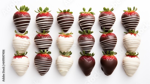 Assorted chocolate dipped strawberries array on white background, homemade sweets great for Valentine's and Christmas gift, copy space.