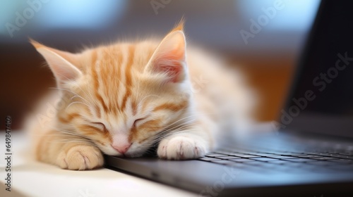 Cute kitten sleeping on laptop keyboard with copy space, concept of working from home, resting, relaxation, and take a break.