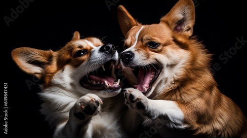 Two corgi dogs fighting with each other isolated on black, studio shot, animal fighting, pet issue concept.