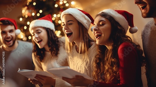Friends singing carols in Christmas eve on blurred  decorated shiny Christmas Tree background, with copy space.