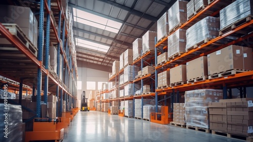 Big Retail Warehouse full of Shelves with Goods Stored on Manual Pallet Truck in Cardboard Boxes and Packages. Forklift Driving in Background. Logistics and Distribution Facility for Product Delivery