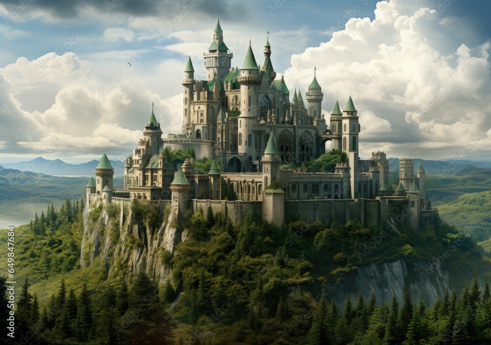 Landscape with medieval castle, fantasy and history concept of the middle ages. Generative AI