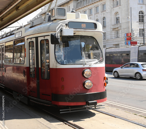 RED TRAM of public transport in the city