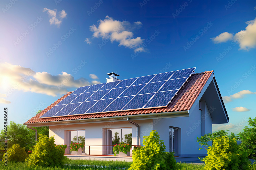 Generative AI illustration of a house with photovoltaic panels on the roof Generative AI illustration of a house with photovoltaic panels on the roof