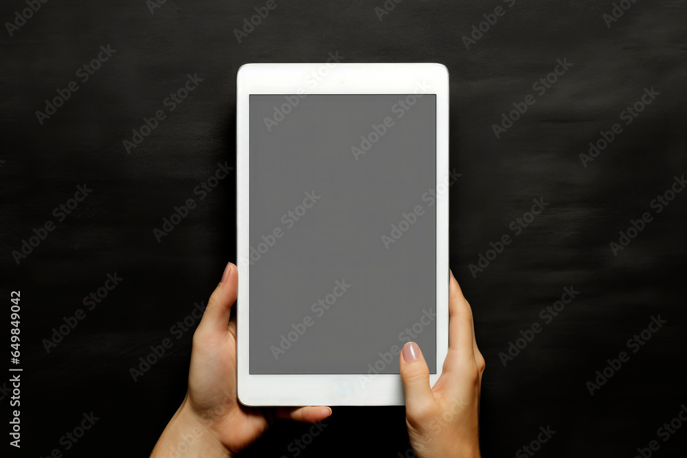 Generative AI illustration of empty mockup of tablet held by a hand on dark background Generative AI illustration of empty mockup of tablet held by a hand on dark background