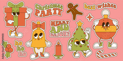 Set of groovy Christmas retro cartoon characters stickers pack. Vintage mascots patch collection for xmas party celebration. Festive holiday season graphic bundle. Vector contour illustration.