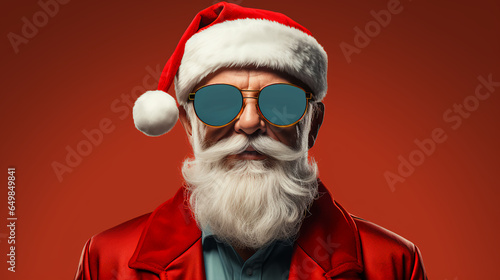 Santa with mirror sunglasses - close-up - red background - pop art style - Christmas - holiday - festive