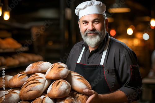 senior baker chef offering freshly baked bread. Character kitchener  pastry chef for advertising.