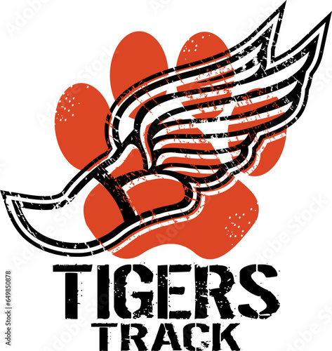 distressed tigers track team design with track foot and paw print for school, college or league sports