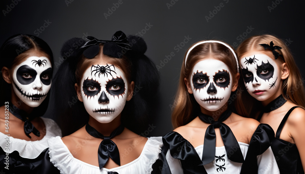 A group of young girls with horror face paintings and costumes on dark background. For halloween, carnival or day of the dead
