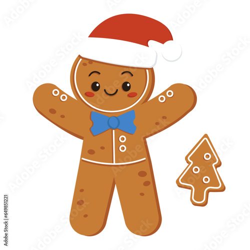 Cute gingerbread character wearing a Santa hat. Merry Christmas. Vector graphic.