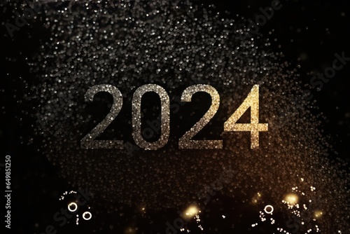 Happy New Year 2024, colorful greeting car,d fire works,  golden sparkle. Celebration concept. 