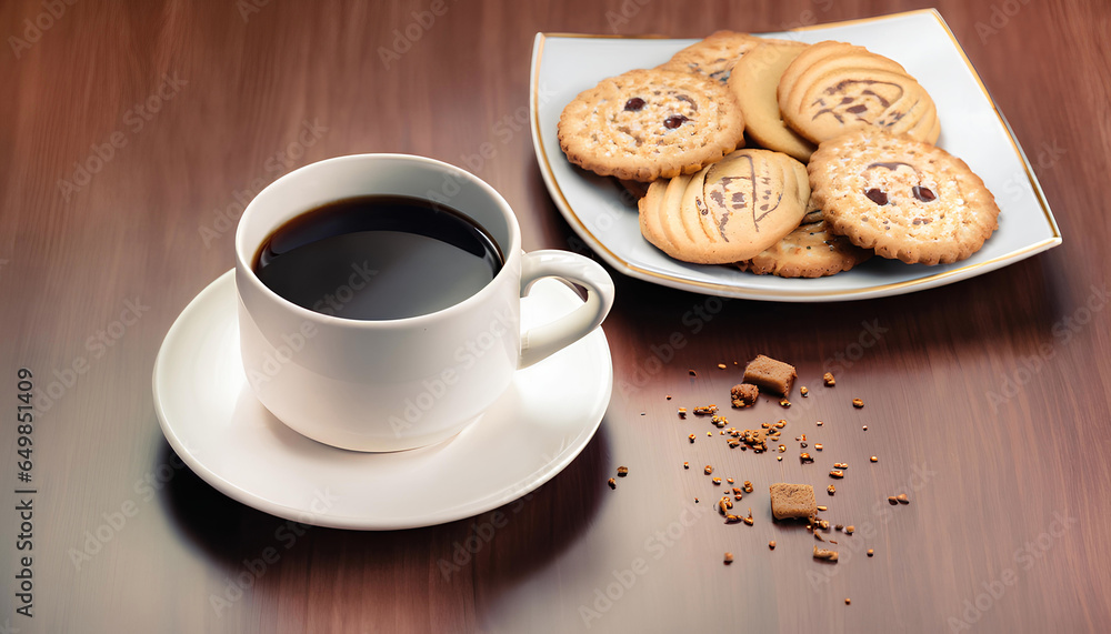 Cup of coffee in the morning with a side of chocolate cookies Cup of coffee in the morning with a side of chocolate cookies