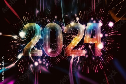 Colorful banner, Happy New Year 2024, colorful greeting car,d fire works,  golden sparkle. Celebration concept. 