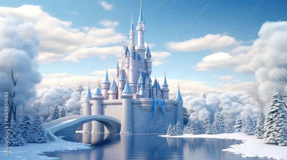 Fairy tale castle in the mountains made of ice, snow and ice, fantasy scene landscape
