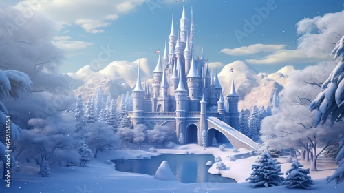 Fairy tale castle in the mountains made of ice, snow and ice, fantasy scene landscape 