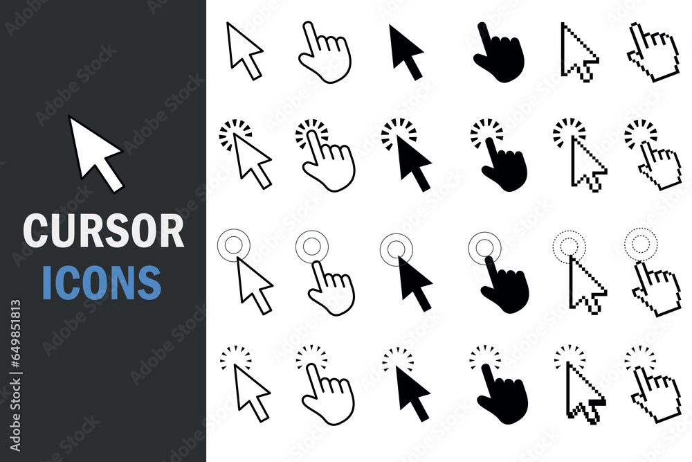 Computer mouse click cursor gray arrow icons set and loading icons. Cursor icon. Vector illustration. Mouse click cursor collection. - obrazy, fototapety, plakaty 