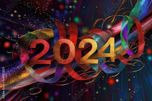 Happy New Year 2024, colorful greeting car,d fire works,  golden sparkle. Celebration concept. 