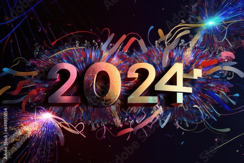 Happy New Year 2024, colorful greeting car,d fire works,  golden sparkle. Celebration concept. 