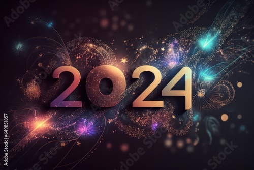 Happy New Year 2024, colorful greeting car,d fire works,  golden sparkle. Celebration concept. 