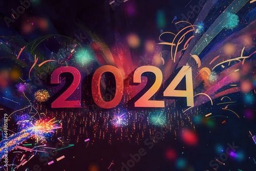Happy New Year 2024, colorful greeting car,d fire works,  golden sparkle. Celebration concept. 