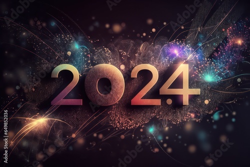 Happy New Year 2024, colorful greeting car,d fire works,  golden sparkle. Celebration concept. 