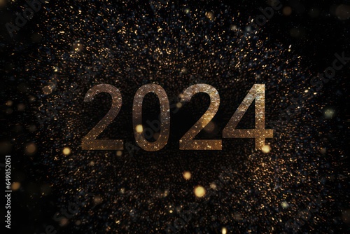Happy New Year 2024, colorful greeting car,d fire works,  golden sparkle. Celebration concept. 