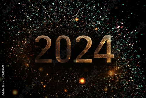 Happy New Year 2024, colorful greeting car,d fire works,  golden sparkle. Celebration concept. 