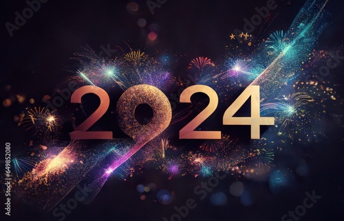 Happy New Year 2024, colorful greeting car,d fire works,  golden sparkle. Celebration concept. 