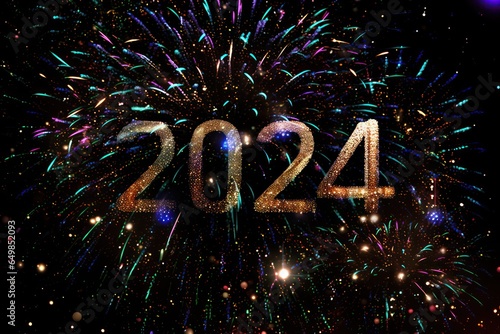 Happy New Year 2024, colorful greeting car,d fire works,  golden sparkle. Celebration concept. 
