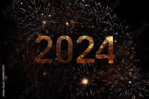 Happy New Year 2024, colorful greeting car,d fire works,  golden sparkle. Celebration concept. 