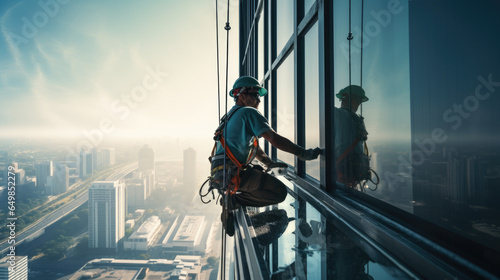 Male professional cleaning service worker in overalls cleans the windows and shop windows of a store with special equipment