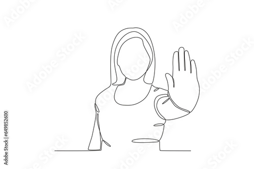 A woman makes a sign against violence. International day for the elimination of violence agains women one-line drawing